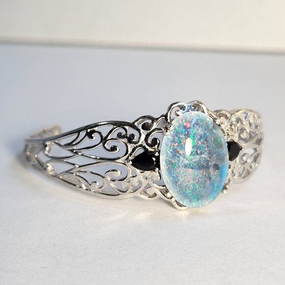 VTG Natural Opal & Onyx Platinum Clad Open Cuff Filigree Ornate Bracelet - Picture 3 of 15